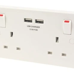 British General 900 Series 13A 2-Gang SP Switched Socket + 3.1A 2-Outlet Type A USB Charger White