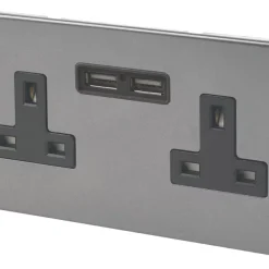 Varilight 13AX 2-Gang Unswitched Socket + 2.1A 2-Outlet Type A USB Charger Slate Grey With Black Inserts