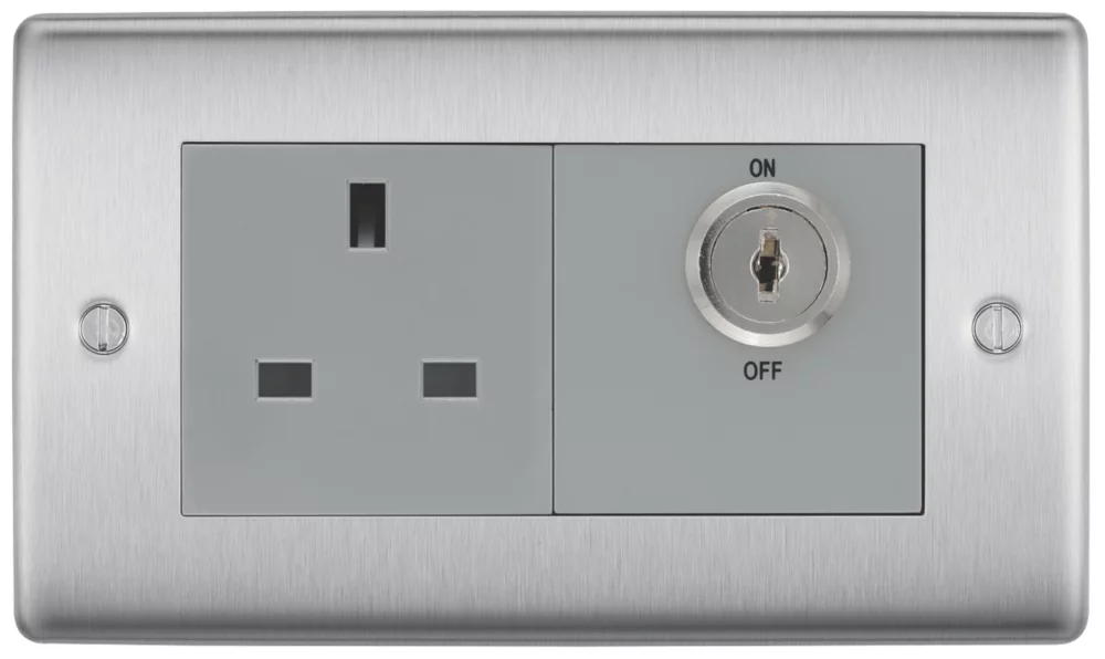 British General Nexus Metal 13A 1-Gang DP Key Switch Brushed Steel With Graphite Inserts - Image 2