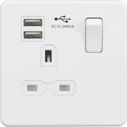 Knightsbridge SFR9124MW 13A 1-Gang SP Switched Socket + 2.4A 2-Outlet Type A USB Charger Matt White With White Inserts