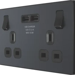 British General Evolve 13A 2-Gang SP Switched Socket + 3.1A 2-Outlet Type A USB Charger Grey With Black Inserts
