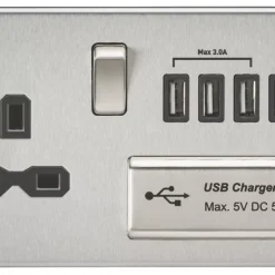 Knightsbridge FPR7USB4BC 13A 1-Gang SP Switched Socket + 5.1A 4-Outlet Type A USB Charger Brushed Chrome With Black Inserts