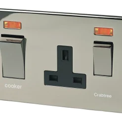 Crabtree Platinum 45 A & 13A 2-Gang DP Cooker Switch & 13A DP Switched Socket Black Nickel With Neon With Black Inserts