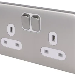 Schneider Electric Lisse Deco 13A 2-Gang DP Switched Plug Socket Brushed Stainless Steel With White Inserts
