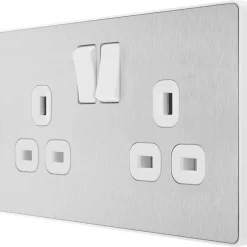 British General Evolve 13A 2-Gang SP Switched Socket Brushed Steel With White Inserts