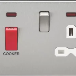 Knightsbridge SFR8333NBCW 45 & 13A 2-Gang DP Cooker Switch & 13A DP Switched Socket Brushed Chrome With LED With White Inserts