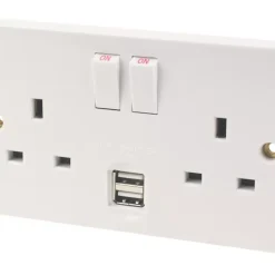 Essentials 13A 2-Gang DP Switched Socket + 2.1A 2-Outlet Type A USB Charger White