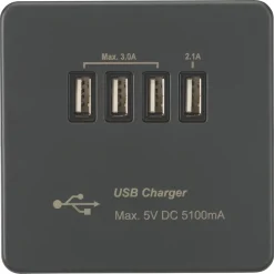 Knightsbridge SFQUADAT 5.1A 4-Outlet Type A USB Socket Anthracite With Black Inserts