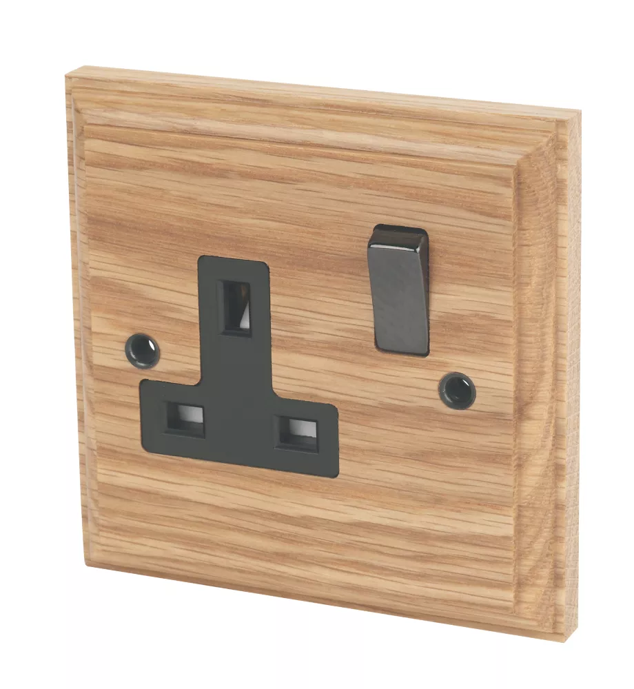 Varilight 13AX 1-Gang DP Switched Plug Socket Classic Oak With Black Inserts