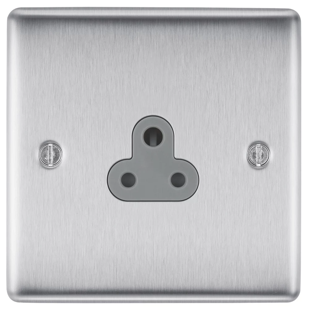 British General Nexus Metal 2A 1-Gang Unswitched Round Pin Socket Brushed Steel With Graphite Inserts - Image 2