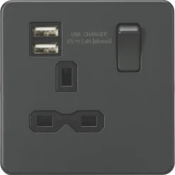 Knightsbridge SFR9124AT 13A 1-Gang SP Switched Socket + 2.4A 2-Outlet Type A USB Charger Anthracite With Black Inserts