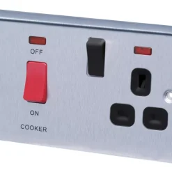 LAP 45A 2-Gang DP Cooker Switch & 13A DP Switched Socket Brushed Stainless Steel With Neon With Black Inserts