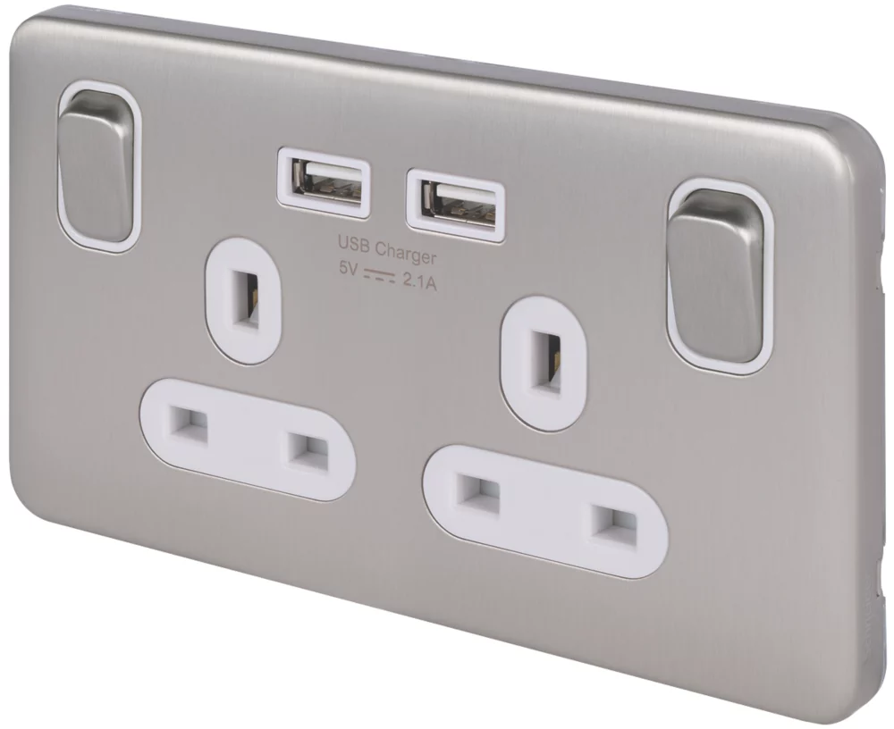 Schneider Electric Lisse Deco 13A 2-Gang SP Switched Socket + 2.1A 2-Outlet Type A USB Charger Brushed Stainless Steel With White Inserts