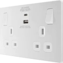 British General Evolve 13A 2-Gang SP Switched Socket + 3A 2-Outlet Type A & C USB Charger Pearlescent White With White Inserts