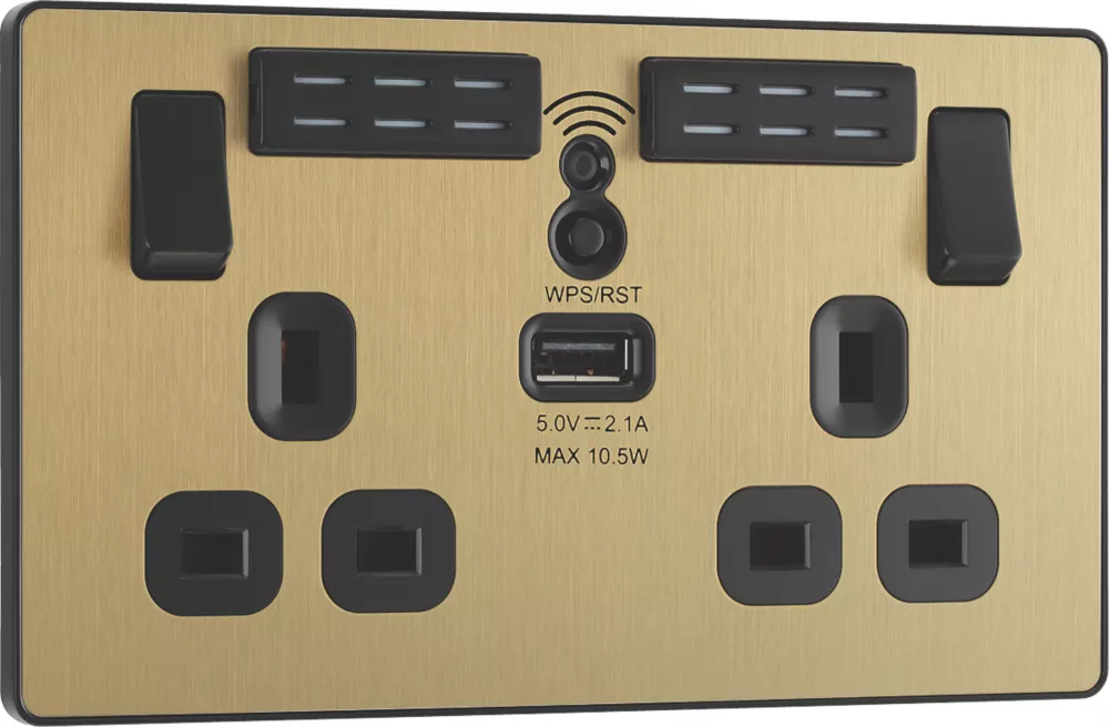 British General Evolve 13A 2-Gang SP Switched Double Socket With WiFi Extender + 2.1A 1-Outlet Type A USB Charger Satin Brass With Black Inserts - Image 2