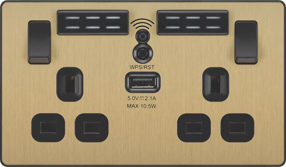 British General Evolve 13A 2-Gang SP Switched Double Socket With WiFi Extender + 2.1A 1-Outlet Type A USB Charger Satin Brass With Black Inserts - Image 3