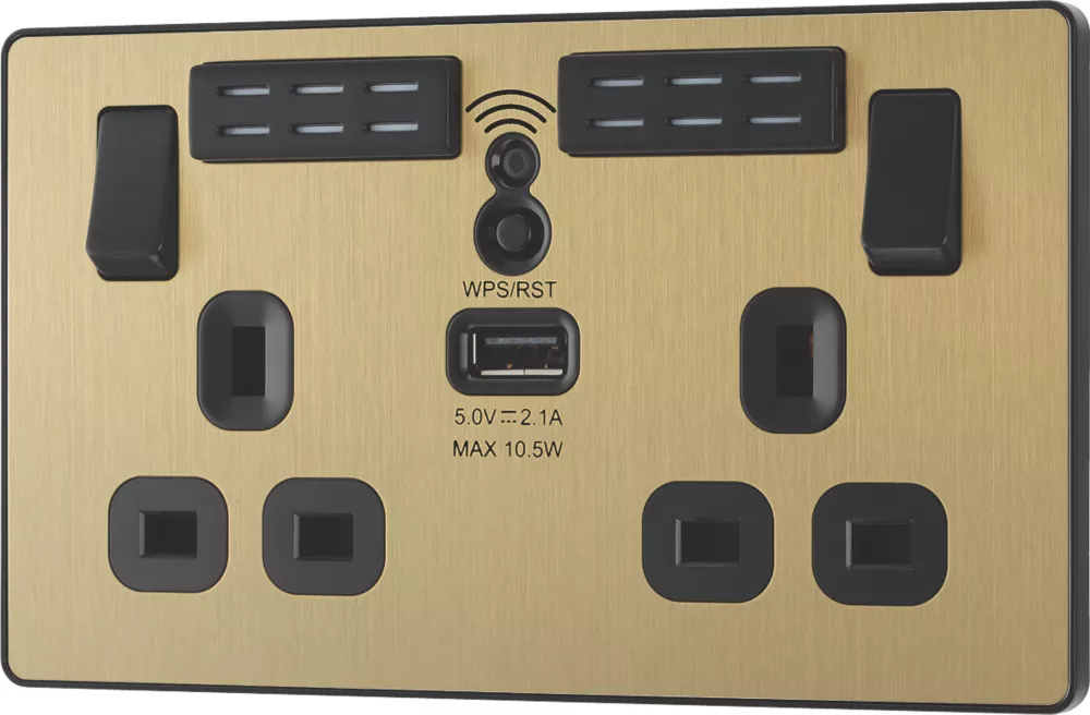 British General Evolve 13A 2-Gang SP Switched Double Socket With WiFi Extender + 2.1A 1-Outlet Type A USB Charger Satin Brass With Black Inserts - Image 4