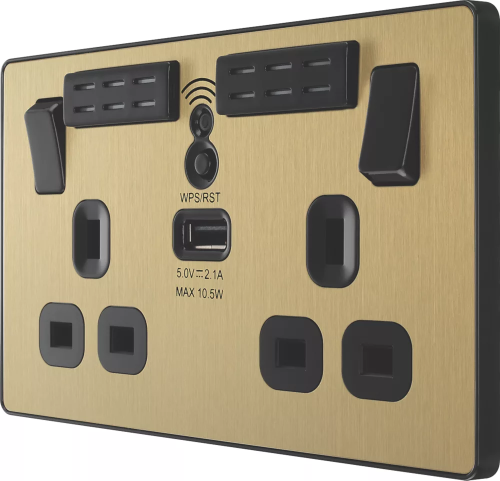 British General Evolve 13A 2-Gang SP Switched Double Socket With WiFi Extender + 2.1A 1-Outlet Type A USB Charger Satin Brass With Black Inserts