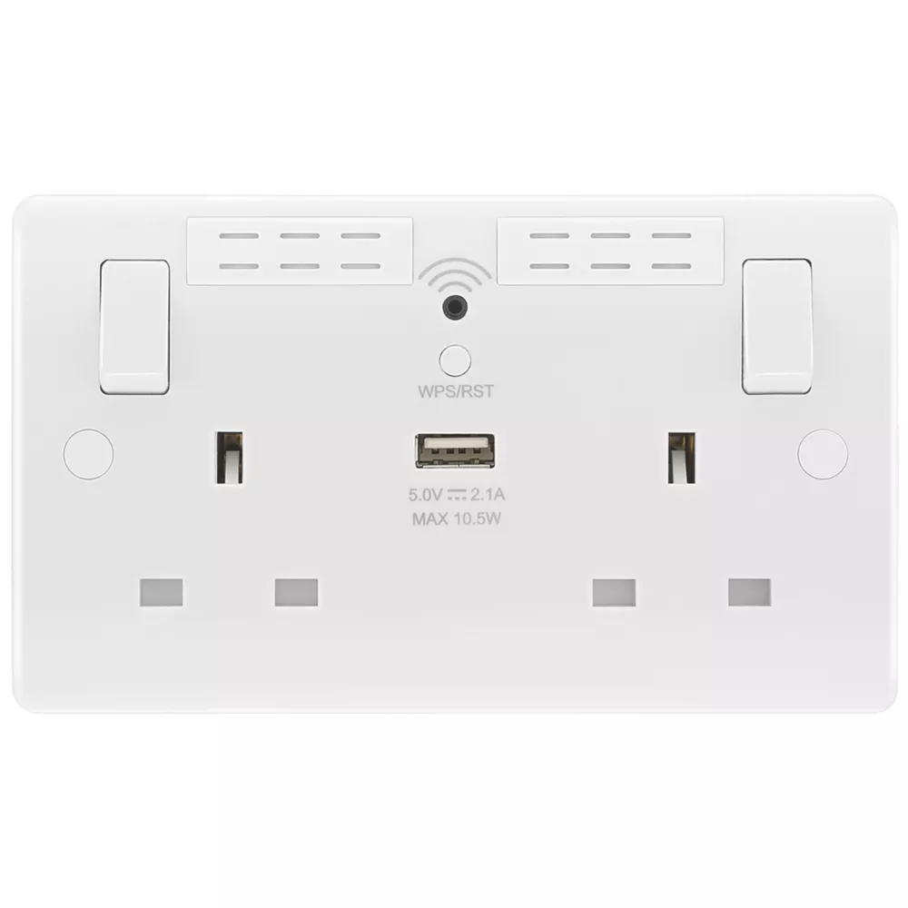 LAP 13A 2-Gang SP Switched Wi-Fi Extender + 2.1A 1-Outlet Type A USB Charger White - Image 2