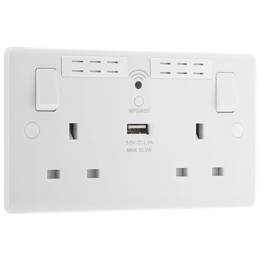LAP 13A 2-Gang SP Switched Wi-Fi Extender + 2.1A 1-Outlet Type A USB Charger White - Image 3