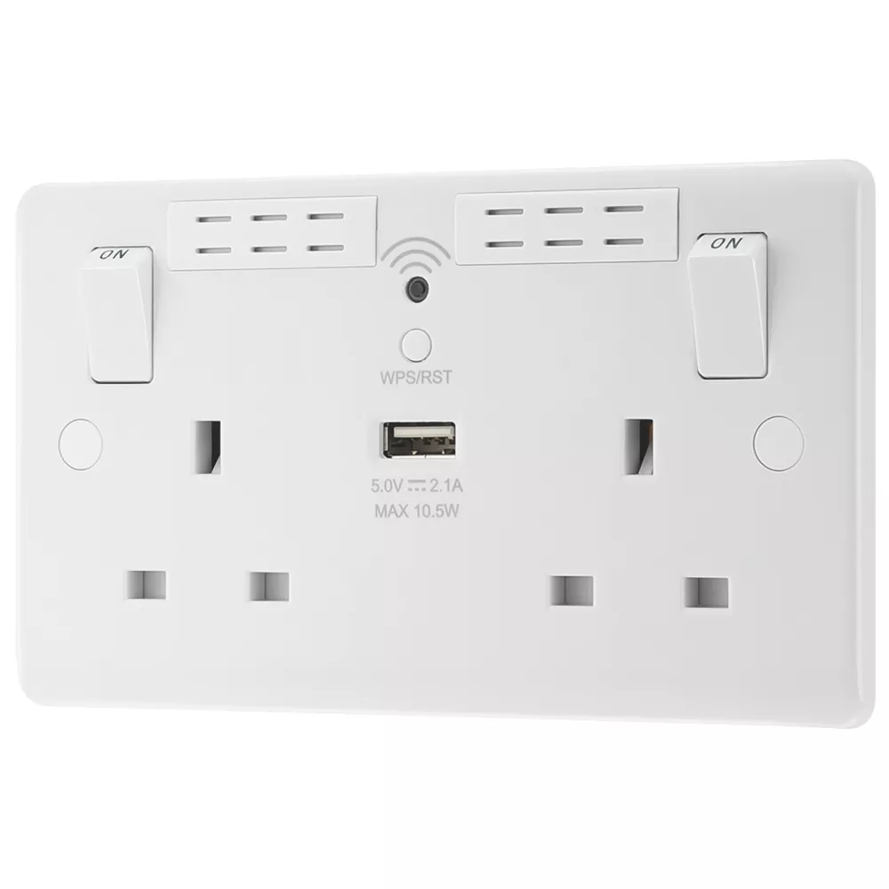 LAP 13A 2-Gang SP Switched Wi-Fi Extender + 2.1A 1-Outlet Type A USB Charger White