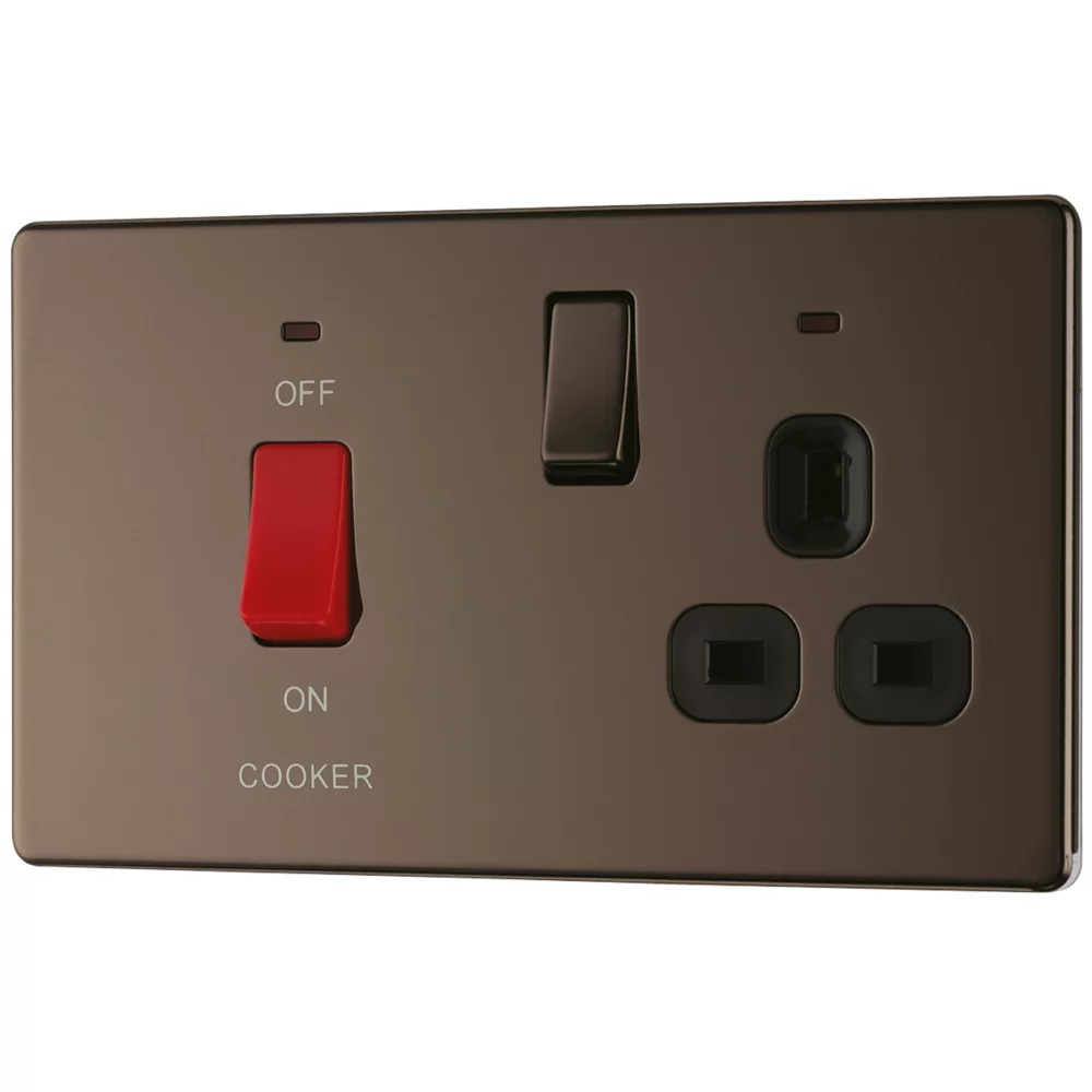 LAP 45A 2-Gang DP Cooker Switch & 13A DP Switched Socket Black Nickel With LED With Black Inserts