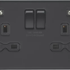 Knightsbridge SFR9224MBB 13A 2-Gang SP Switched Socket + 2.4A 2-Outlet Type A USB Charger Matt Black With Black Inserts